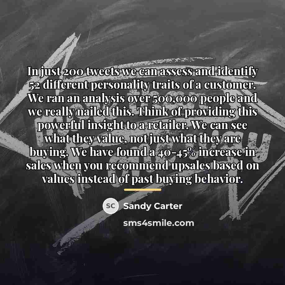 “In just 200 tweets we can assess and identify 52…” quote by Sandy Carter