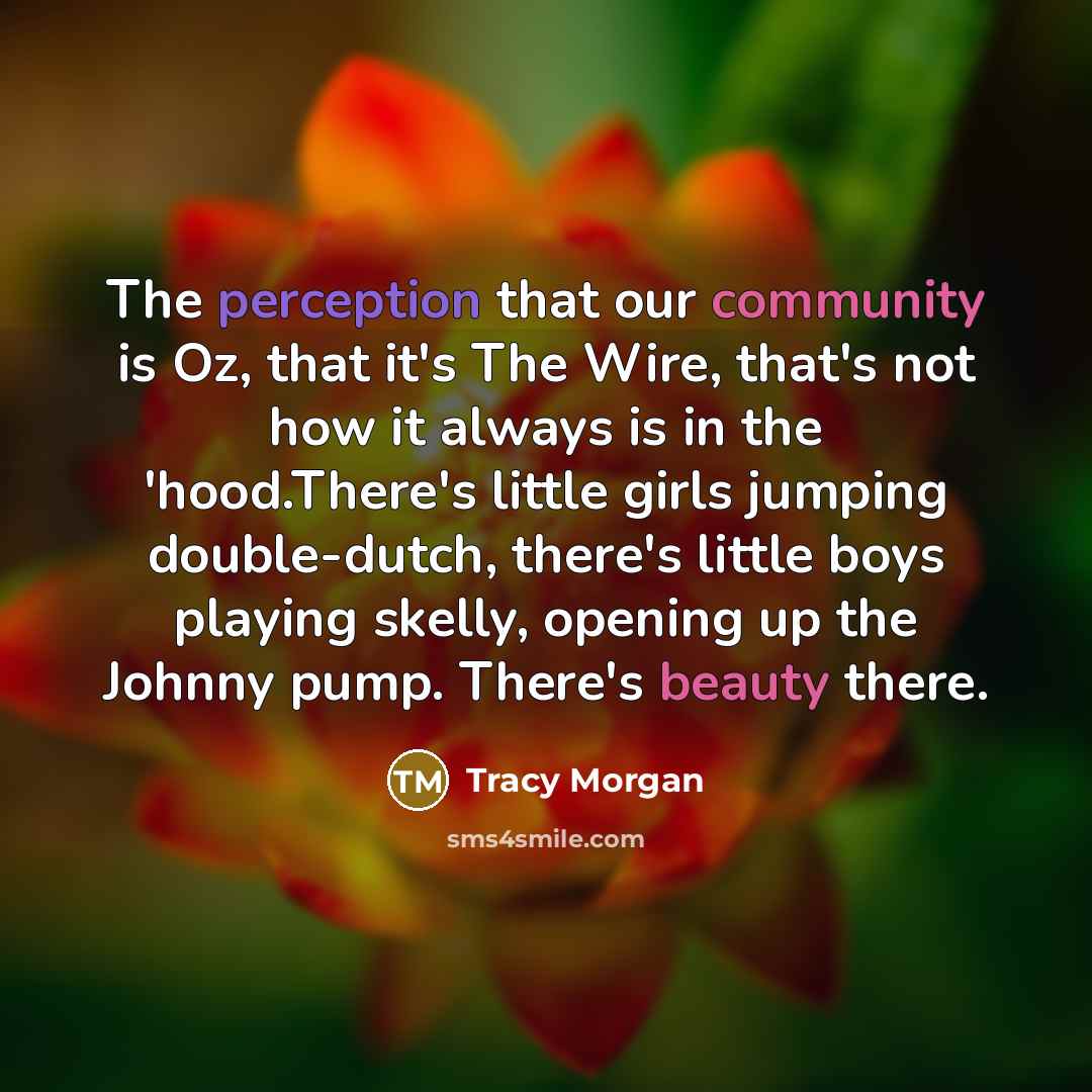 “The perception that our community is Oz, that it's The Wire, that's not how it always is in the 'hood.There's little girls jumping double-dutch, there's little boys playing skelly, opening up the Johnny pump. There's beauty there.” quote by Tracy Morgan