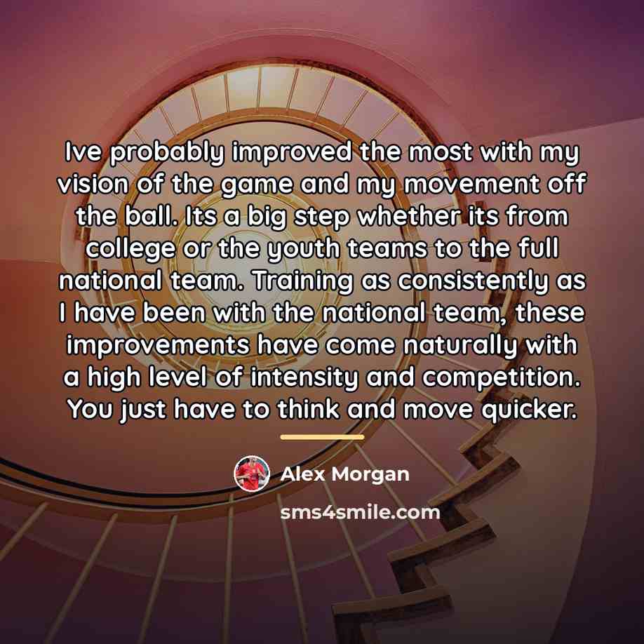 “Ive probably improved the most with my vision of the…” quote by Alex Morgan