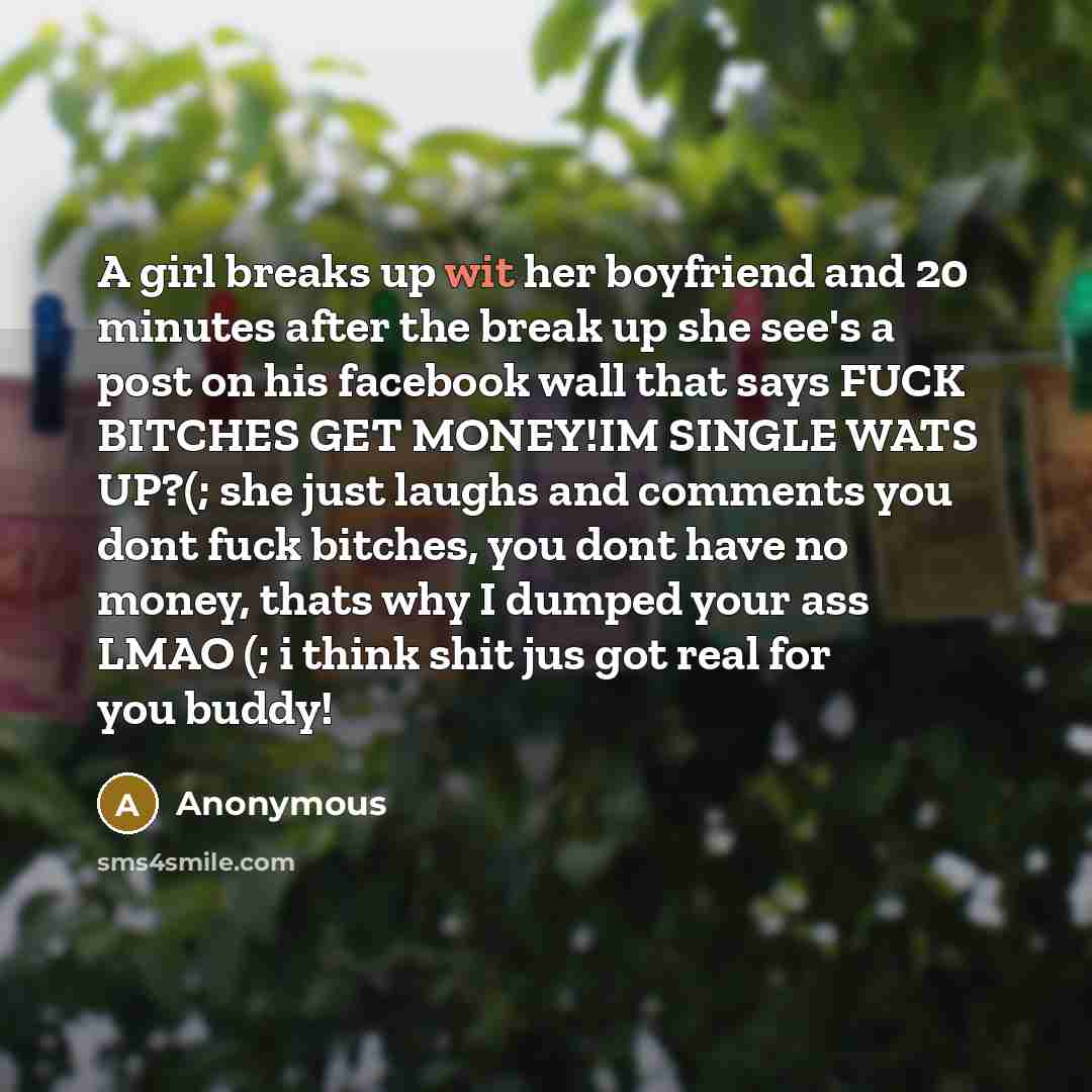 “A girl breaks up wit her boyfriend and 20 minutes after the break up she see's a post on his facebook wall that says FUCK BITCHES GET MONEY!IM SINGLE WATS UP?(; she just laughs and comments you dont fuck bitches, you dont have no money, thats why I dumped your ass LMAO (; i think shit jus got real…” quote by Anonymous