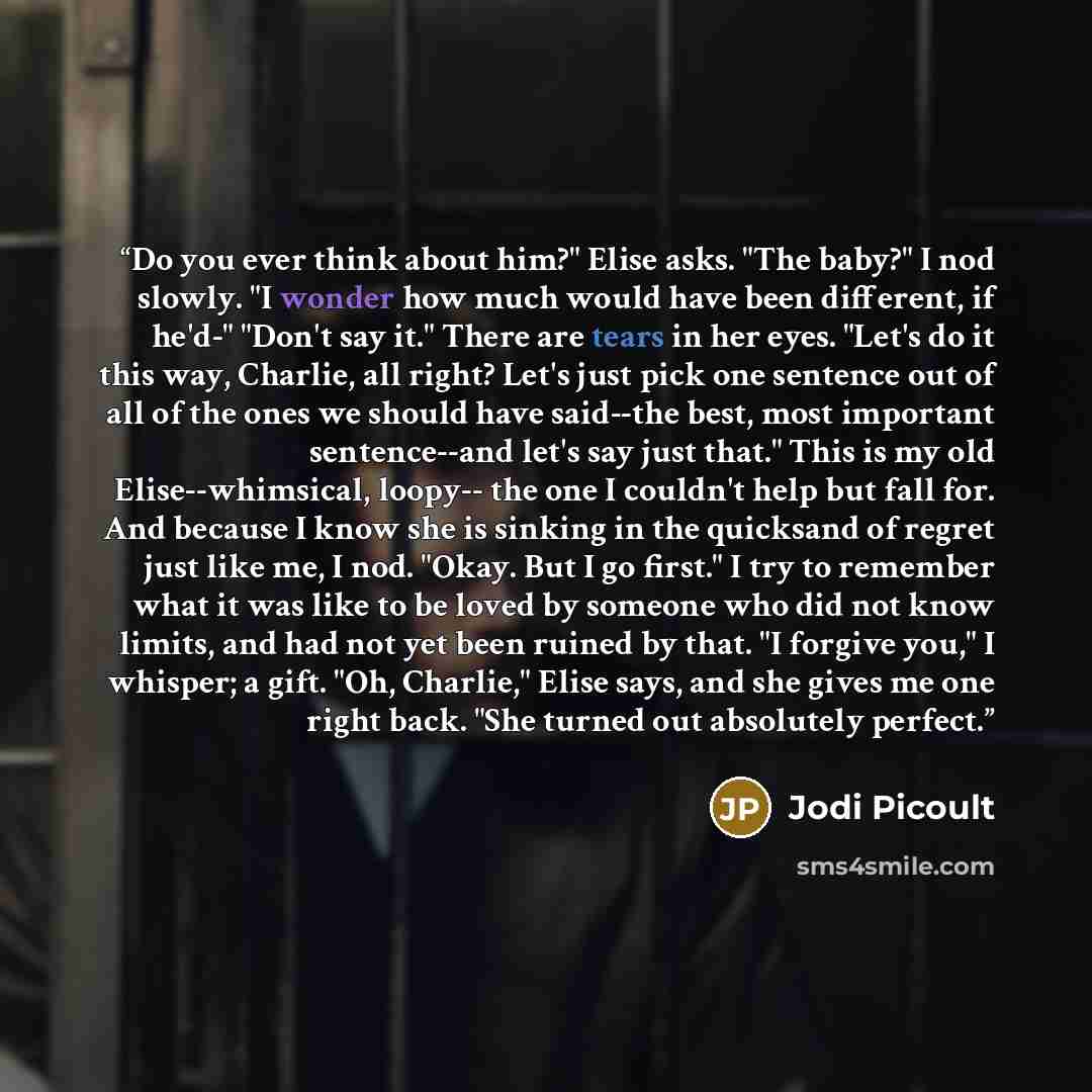 “Do you ever think about him?" Elise asks. "The baby?" I nod slowly. "I wonder how much would have been different, if he'd-" "Don't say it." There are tears in her eyes. "Let's do it this way, Charlie, all right? Let's just pick one sentence out of all of the ones we should have said--the best…” quote by Jodi Picoult