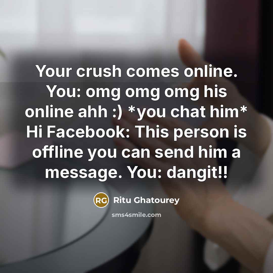 “Your crush comes online. You: omg omg omg his online ahh :) *you chat him* Hi Facebook: This person is offline you can send him a message. You: dangit!!” quote by Ritu Ghatourey