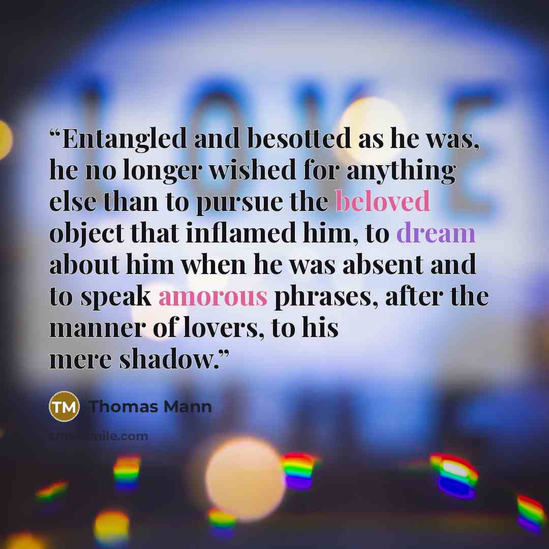 “Entangled and besotted as he was, he no longer wished for anything else than to pursue the beloved object that inflamed him, to dream about him when he was absent and to speak amorous phrases, after the manner of lovers, to his mere shadow.” quote by Thomas Mann