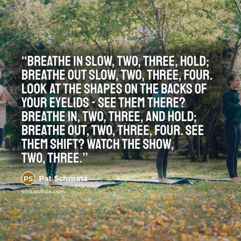 “Breathe in slow, two, three, hold; breathe out slow, two, three, four. Look at the shapes on the backs of your eyelids - see them there? Breathe in, two, three, and hold; breathe out, two, three, four. See them shift? Watch the show, two, three.” quote by Pat Schmatz