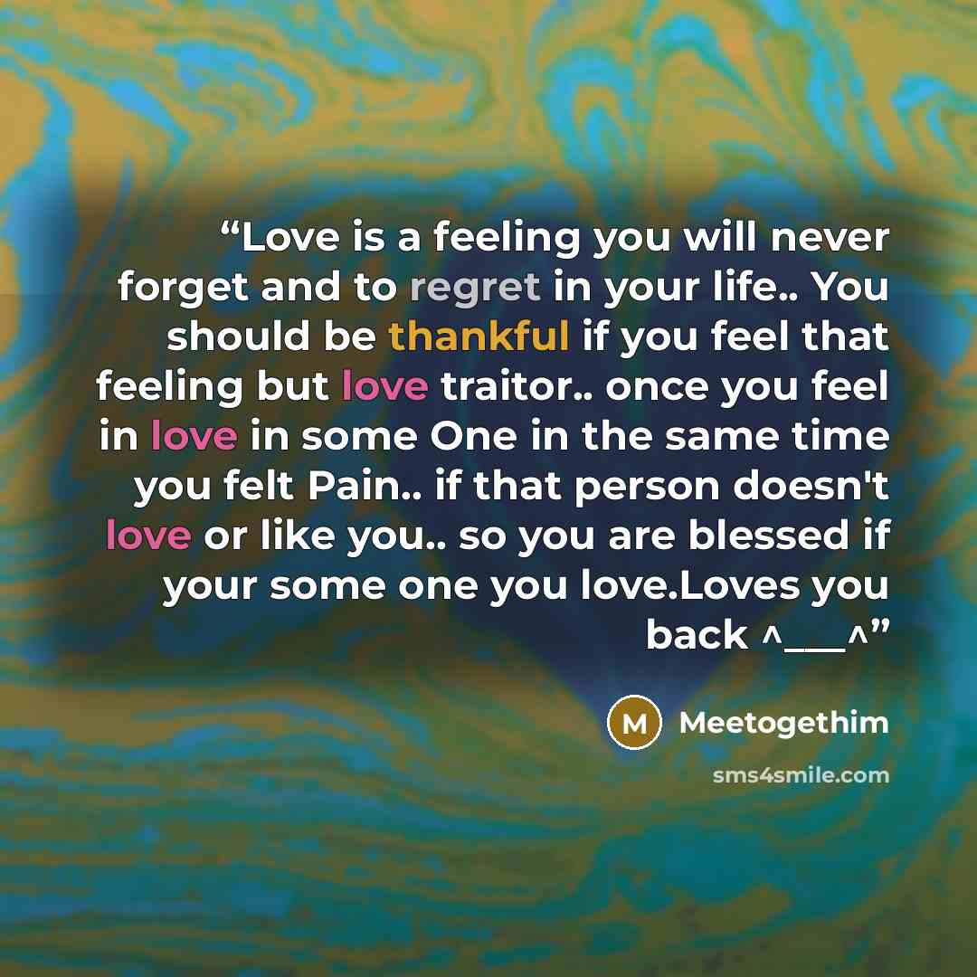 “Love is a feeling you will never forget and to regret in your life.. You should be thankful if you feel that feeling but love traitor.. once you feel in love in some One in the same time you felt Pain.. if that person doesn't love or like you.. so you are blessed if your some one you love.Loves…” quote by Meetogethim
