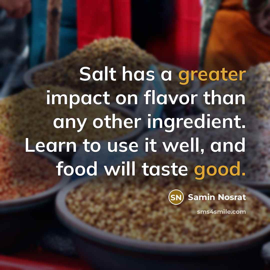 “Salt has a greater impact on flavor than any other ingredient. Learn to use it well, and food will taste good.” quote by Samin Nosrat