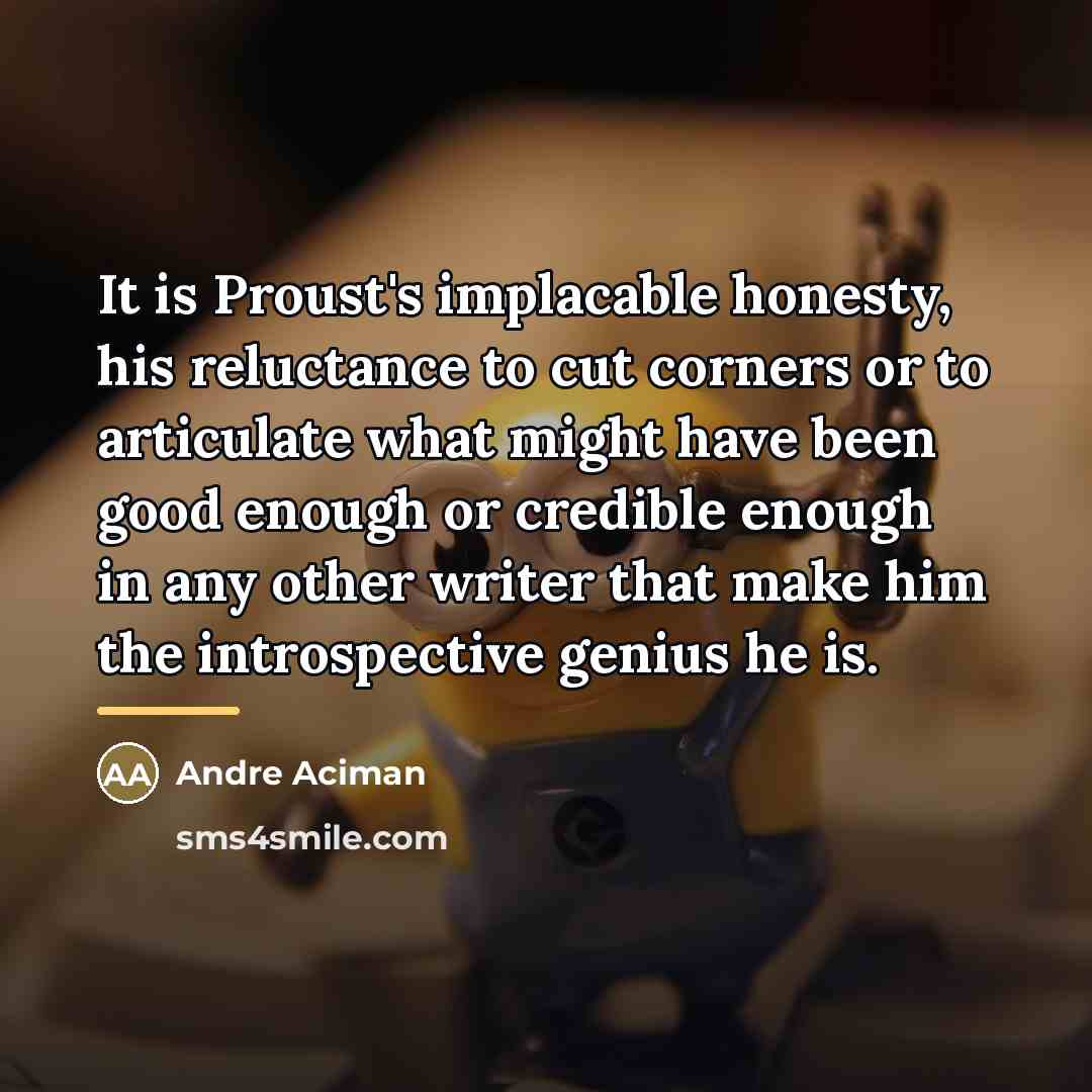 “It is Proust's implacable honesty, his reluctance to cut corners…” quote by Andre Aciman