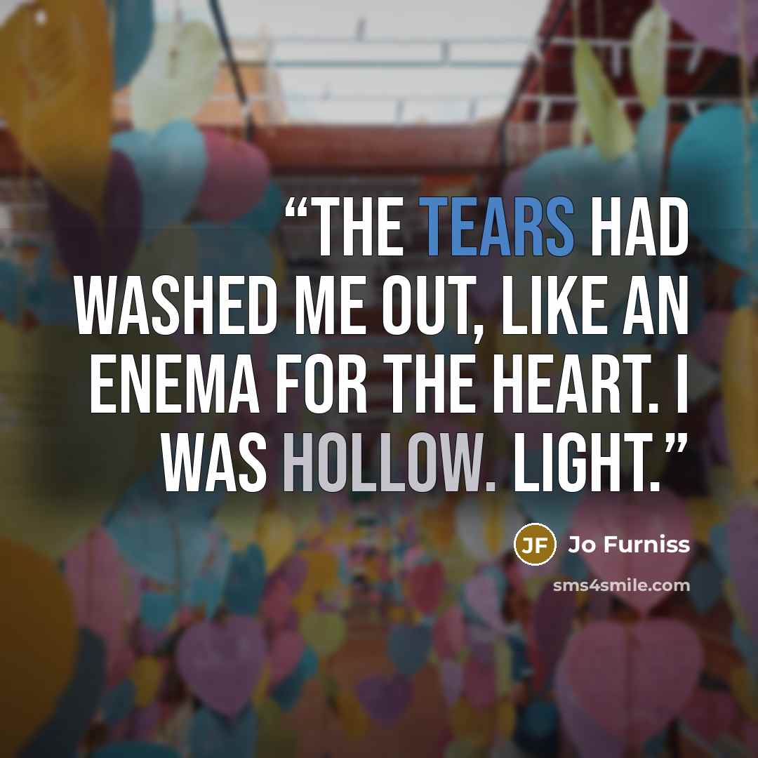 “The tears had washed me out, like an enema for the heart. I was hollow. Light.” quote by Jo Furniss