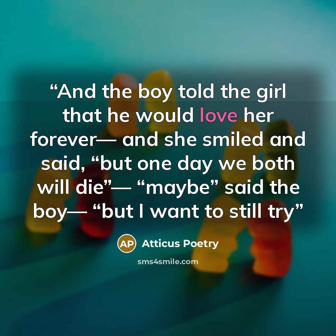 “And the boy told the girl that he would love her forever— and she smiled and said, “but one day we both will die”— “maybe” said the boy— “but I want to still try” quote by Atticus Poetry