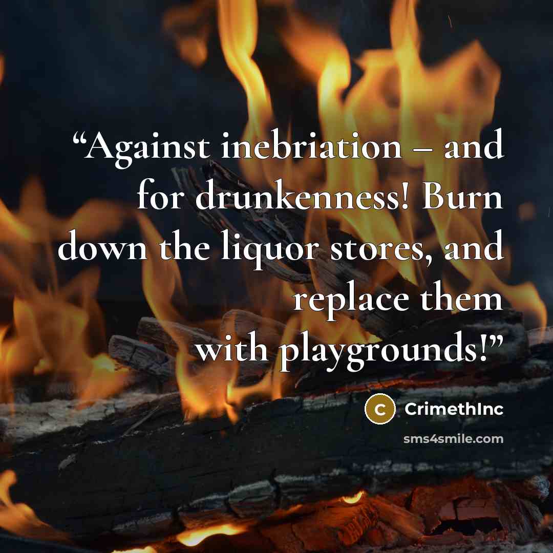 “Against inebriation – and for drunkenness! Burn down the liquor stores, and replace them with playgrounds!” quote by Crimethinc