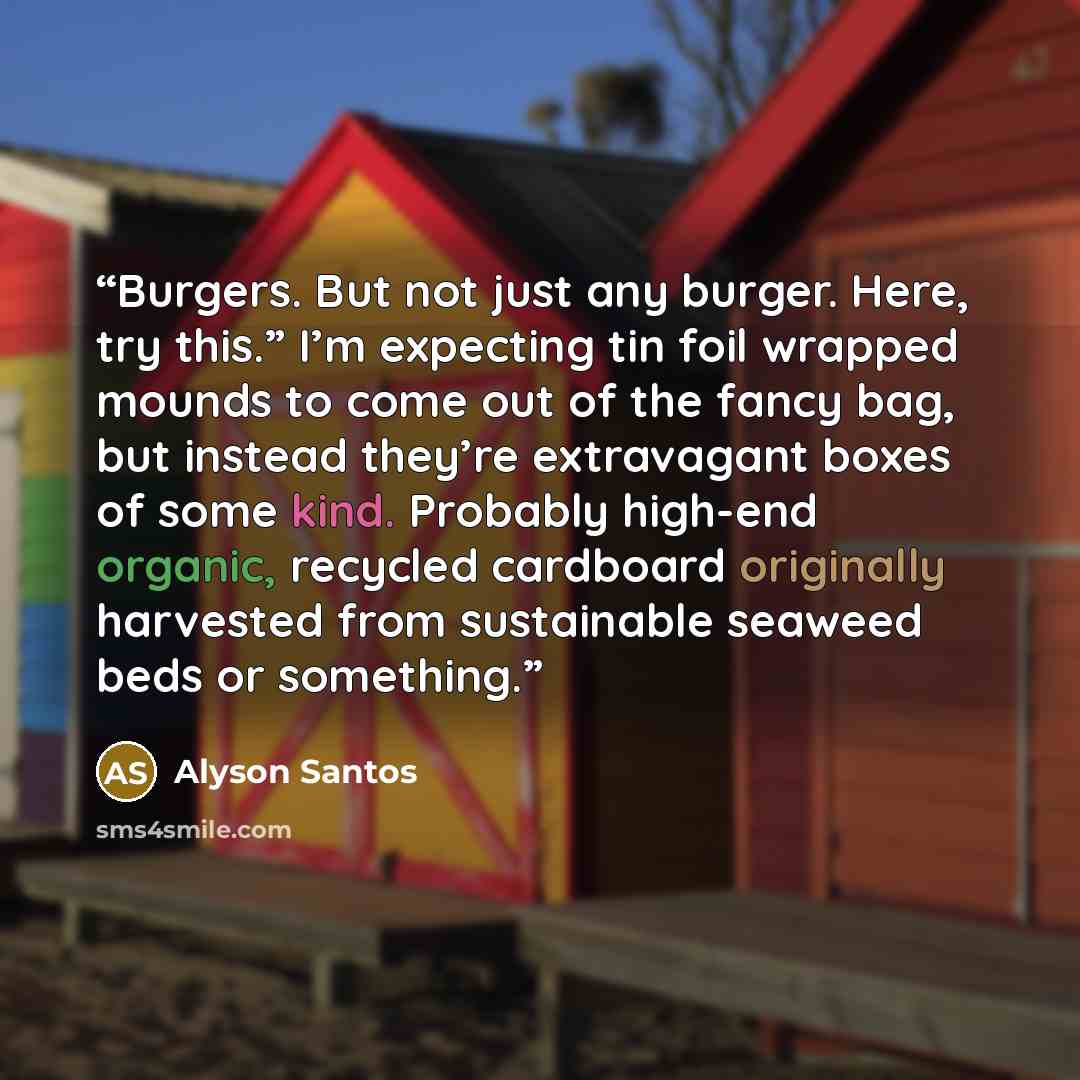 “Burgers. But not just any burger. Here, try this.” I’m expecting tin foil wrapped mounds to come out of the fancy bag, but instead they’re extravagant boxes of some kind. Probably high-end organic, recycled cardboard originally harvested from sustainable seaweed beds or something.” quote by Alyson Santos