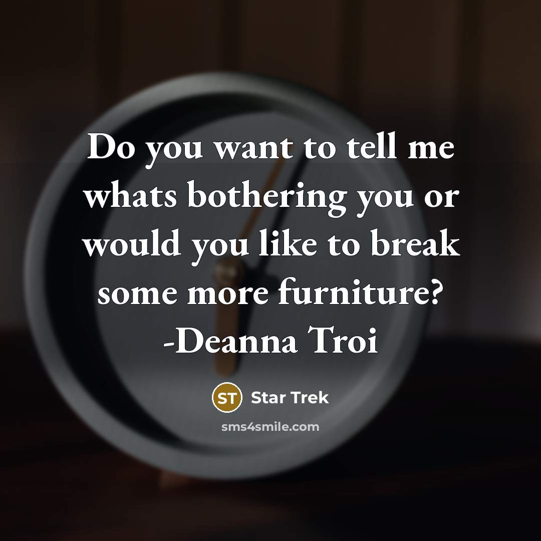 “Do you want to tell me whats bothering you or would you like to break some more furniture? -Deanna Troi” quote by Star Trek