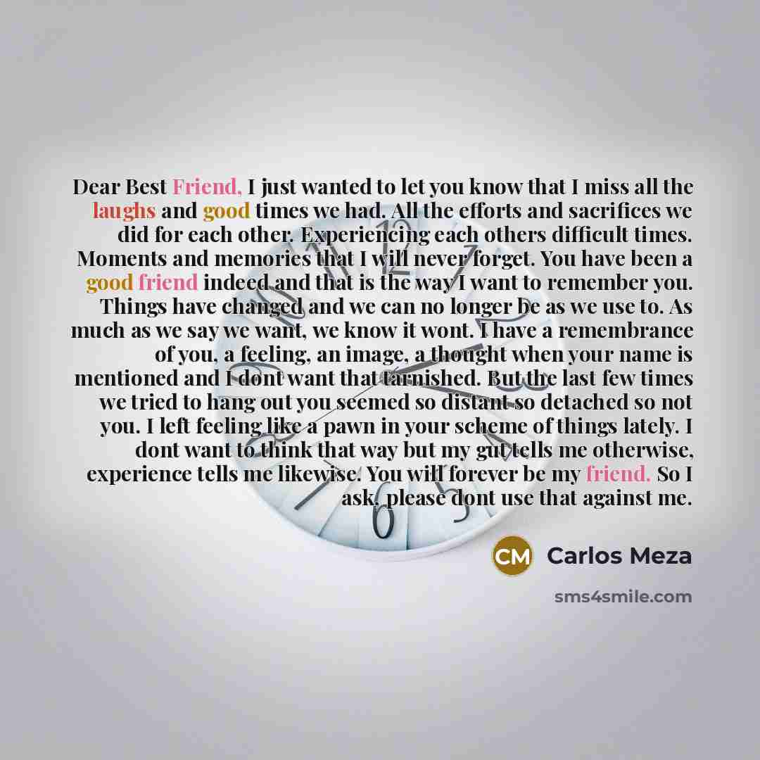 “Dear Best Friend, I just wanted to let you know that I miss all the laughs and good times we had. All the efforts and sacrifices we did for each other. Experiencing each others difficult times. Moments and memories that I will never forget. You have been a good friend indeed and that is the way I…” quote by Carlos Meza