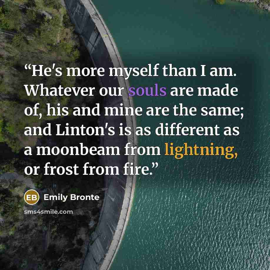“He's more myself than I am. Whatever our souls are made of, his and mine are the same; and Linton's is as different as a moonbeam from lightning, or frost from fire.” quote by Emily Brontë