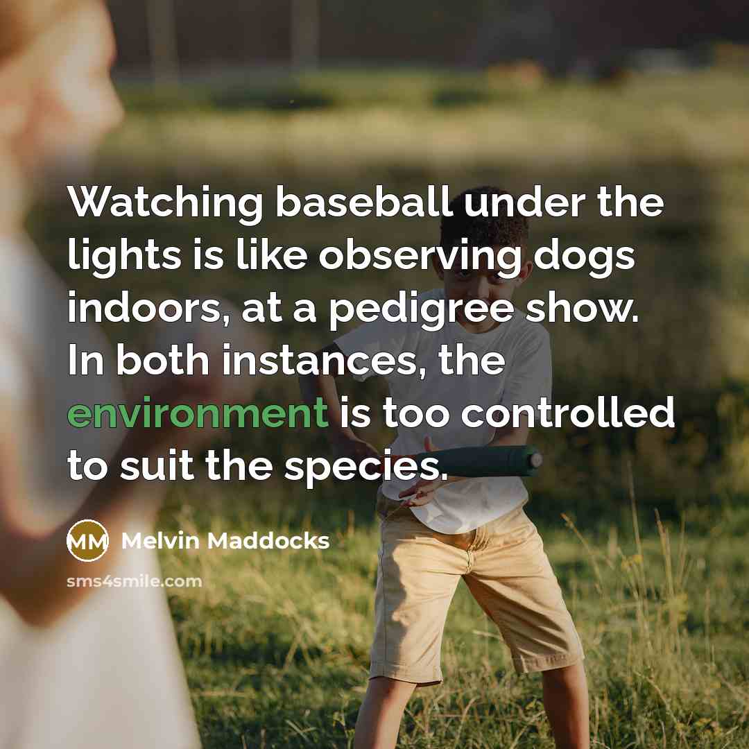 “Watching baseball under the lights is like observing dogs indoors,…” quote by Melvin Maddocks