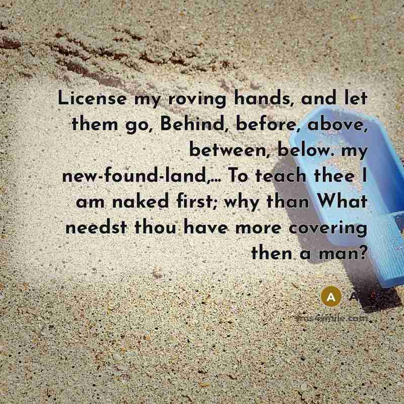 “License my roving hands, and let them go, Behind, before, above, between, below. my new-found-land,... To teach thee I am naked first; why than What needst thou have more covering then a man?” quote by AB