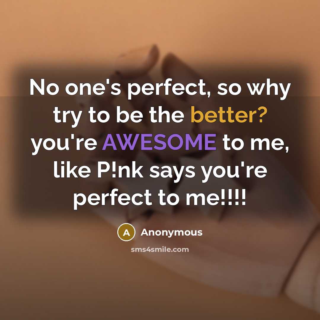 “No one's perfect, so why try to be the better? you're AWESOME to me, like P!nk says you're perfect to me!!!!” quote by Anonymous