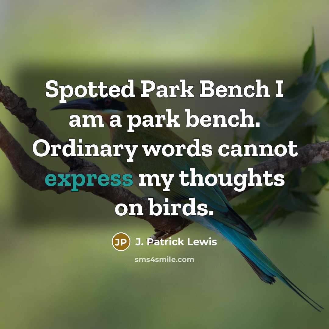 “Spotted Park Bench I am a park bench. Ordinary words…” quote by J. Patrick Lewis