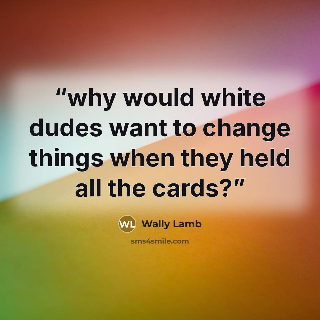 “why would white dudes want to change things when they held all the cards?” quote by Wally Lamb