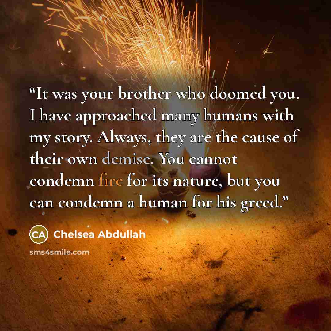 “It was your brother who doomed you. I have approached many humans with my story. Always, they are the cause of their own demise. You cannot condemn fire for its nature, but you can condemn a human for his greed.” quote by Chelsea Abdullah