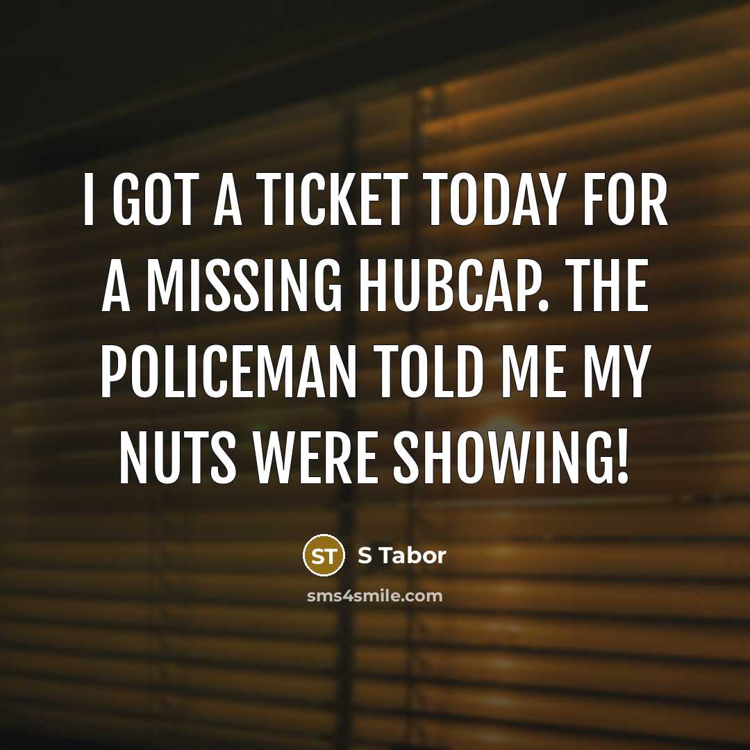 “I got a ticket today for a missing hubcap. The policeman told me my nuts were showing!” quote by S Tabor