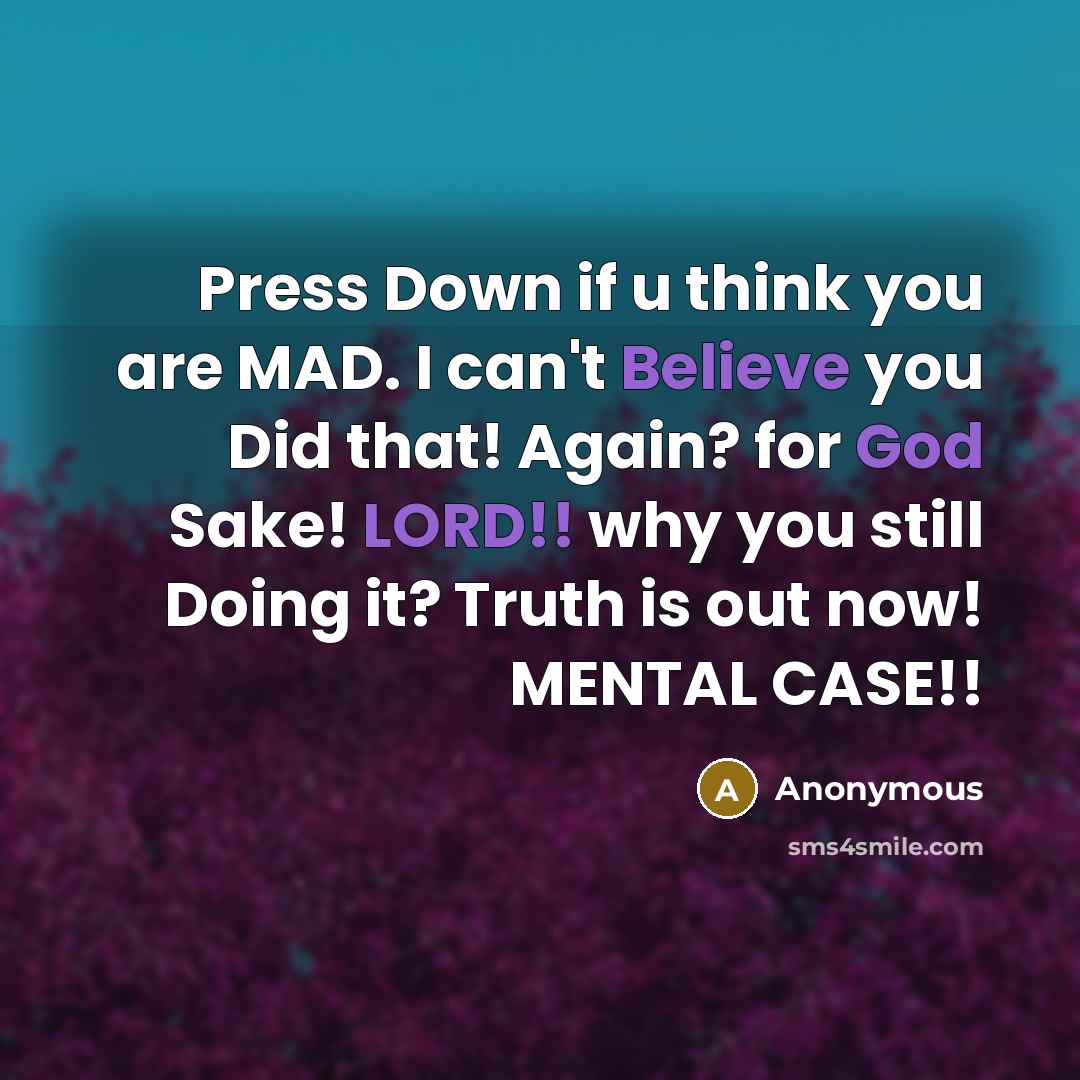 “Press Down if u think you are MAD. I can't Believe you Did that! Again? for God Sake! LORD!! why you still Doing it? Truth is out now! MENTAL CASE!!” quote by Anonymous
