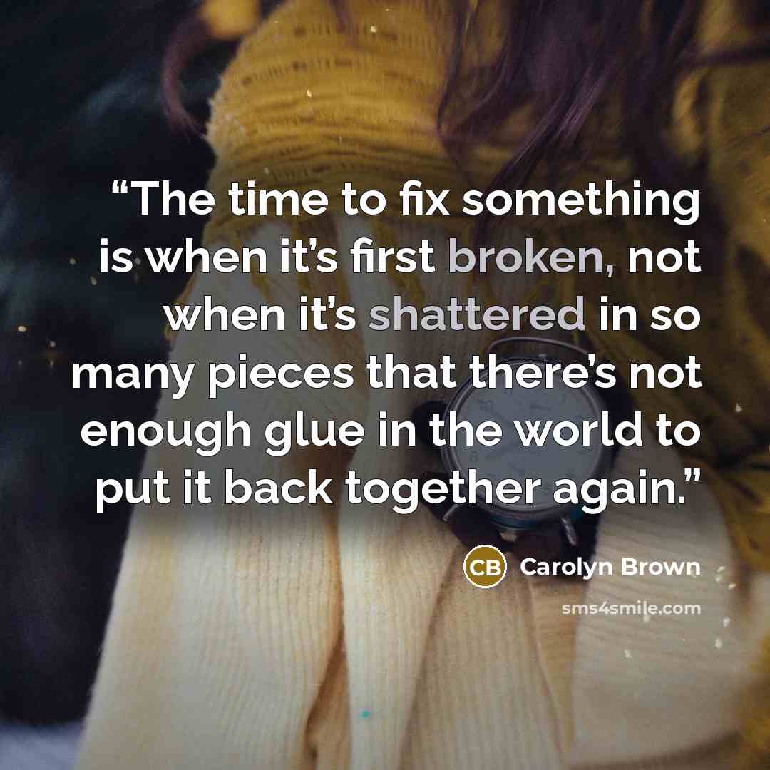 “The time to fix something is when it’s first broken, not when it’s shattered in so many pieces that there’s not enough glue in the world to put it back together again.” quote by Carolyn Brown