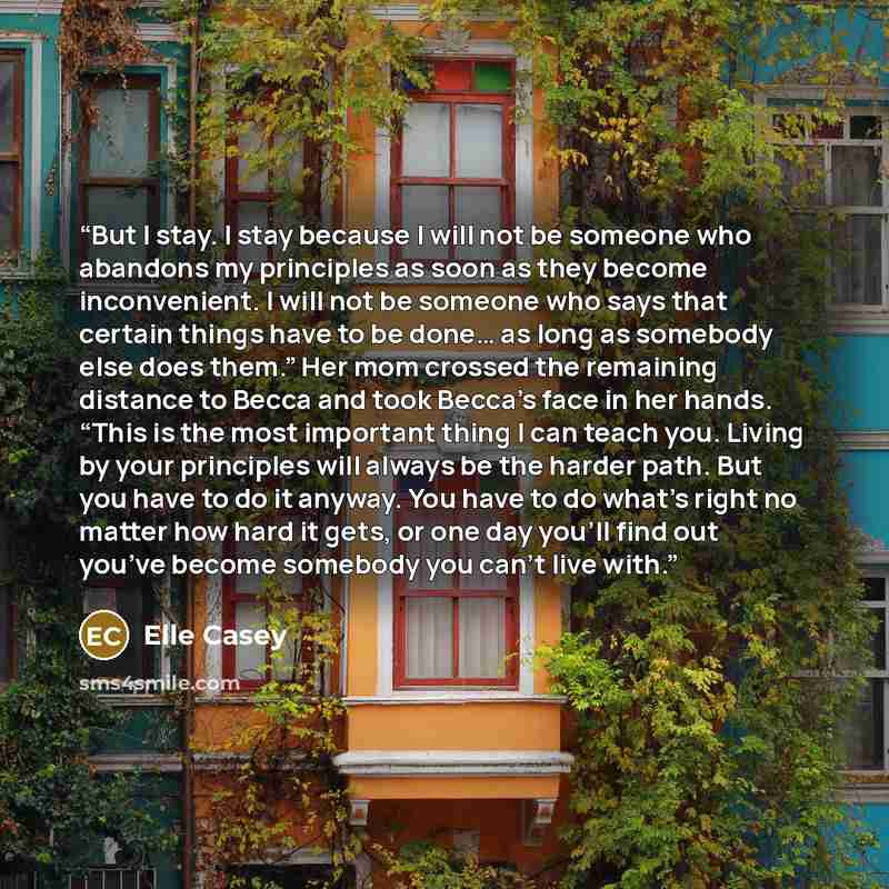 “But I stay. I stay because I will not be someone who abandons my principles as soon as they become inconvenient. I will not be someone who says that certain things have to be done… as long as somebody else does them.” Her mom crossed the remaining distance to Becca and took Becca’s face in her…” quote by Elle Casey