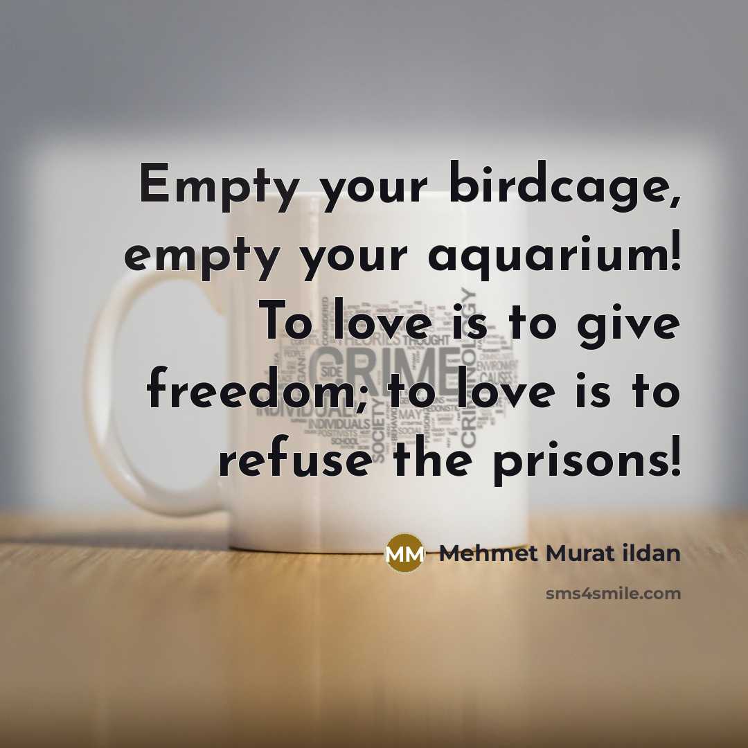 “Empty your birdcage, empty your aquarium! To love is to…” quote by Mehmet Murat Ildan