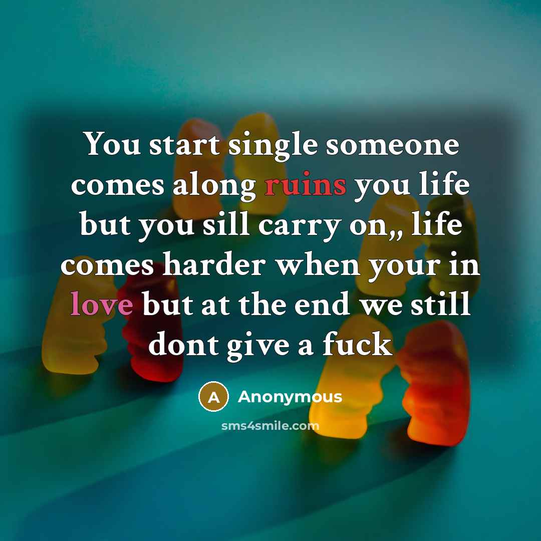 “You start single someone comes along ruins you life but you sill carry on,, life comes harder when your in love but at the end we still dont give a fuck” quote by Anonymous