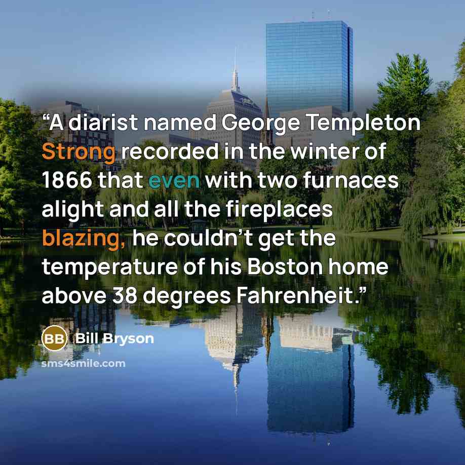 “A diarist named George Templeton Strong recorded in the winter of 1866 that even with two furnaces alight and all the fireplaces blazing, he couldn’t get the temperature of his Boston home above 38 degrees Fahrenheit.” quote by Bill Bryson