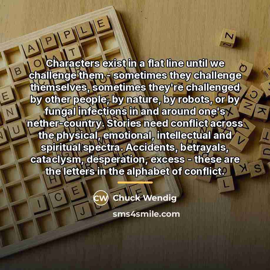 “Characters exist in a flat line until we challenge them…” quote by Chuck Wendig
