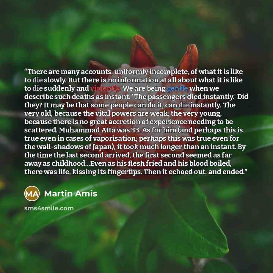 “There are many accounts, uniformly incomplete, of what it is like to die slowly. But there is no information at all about what it is like to die suddenly and violently. We are being gentle when we describe such deaths as instant. 'The passengers died instantly.' Did they? It may be that some…” quote by Martin Amis