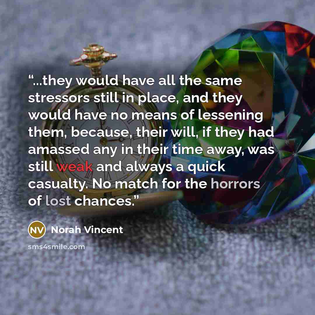 “...they would have all the same stressors still in place, and they would have no means of lessening them, because, their will, if they had amassed any in their time away, was still weak and always a quick casualty. No match for the horrors of lost chances.” quote by Norah Vincent