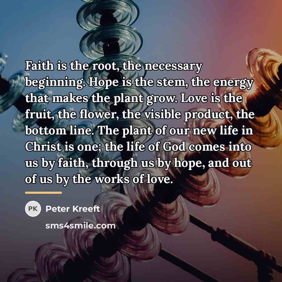 “Faith is the root, the necessary beginning. Hope is the…” quote by Peter Kreeft