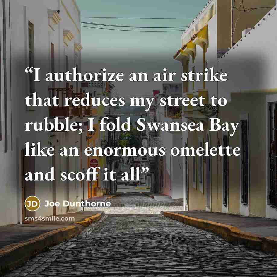 “I authorize an air strike that reduces my street to rubble; I fold Swansea Bay like an enormous omelette and scoff it all” quote by Joe Dunthorne
