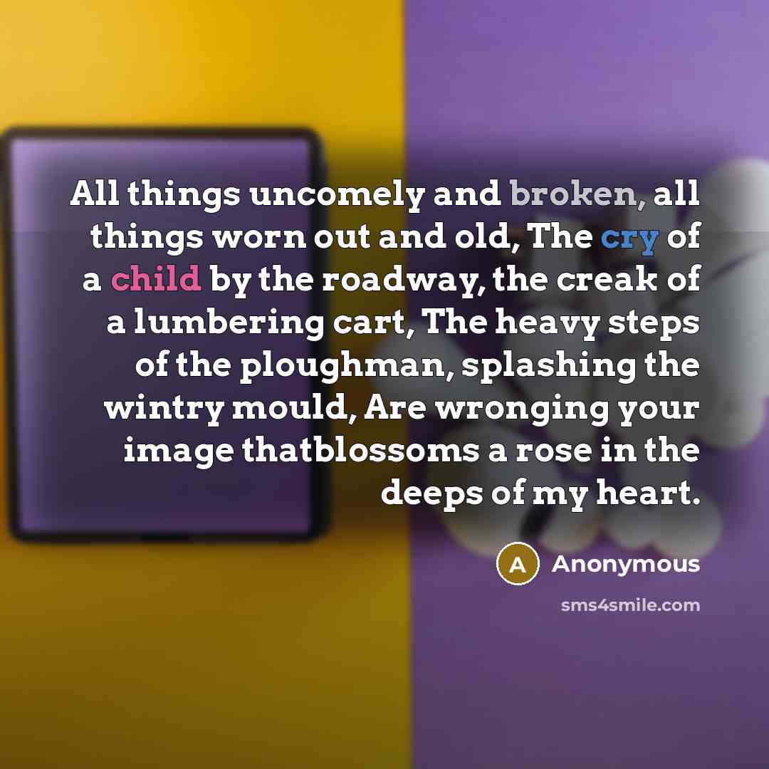 “All things uncomely and broken, all things worn out and old, The cry of a child by the roadway, the creak of a lumbering cart, The heavy steps of the ploughman, splashing the wintry mould, Are wronging your image thatblossoms a rose in the deeps of my heart.” quote by Anonymous