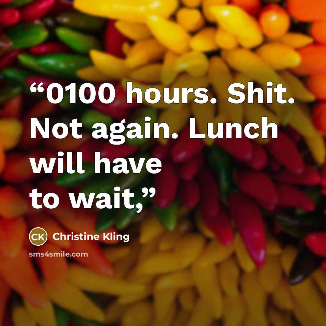 “0100 hours. Shit. Not again. Lunch will have to wait,” quote by Christine Kling