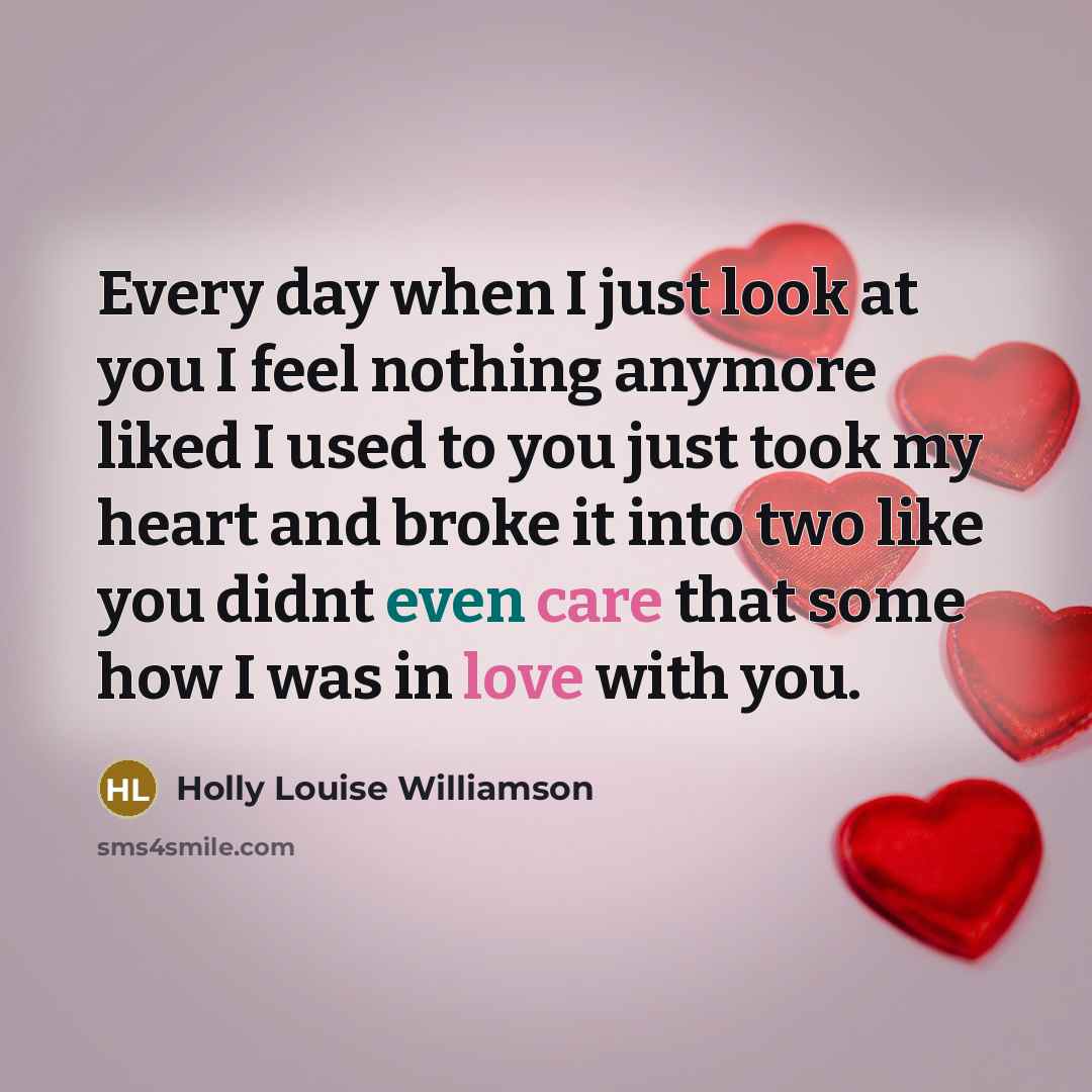 “Every day when I just look at you I feel nothing anymore liked I used to you just took my heart and broke it into two like you didnt even care that some how I was in love with you.” quote by Holly Louise Williamson