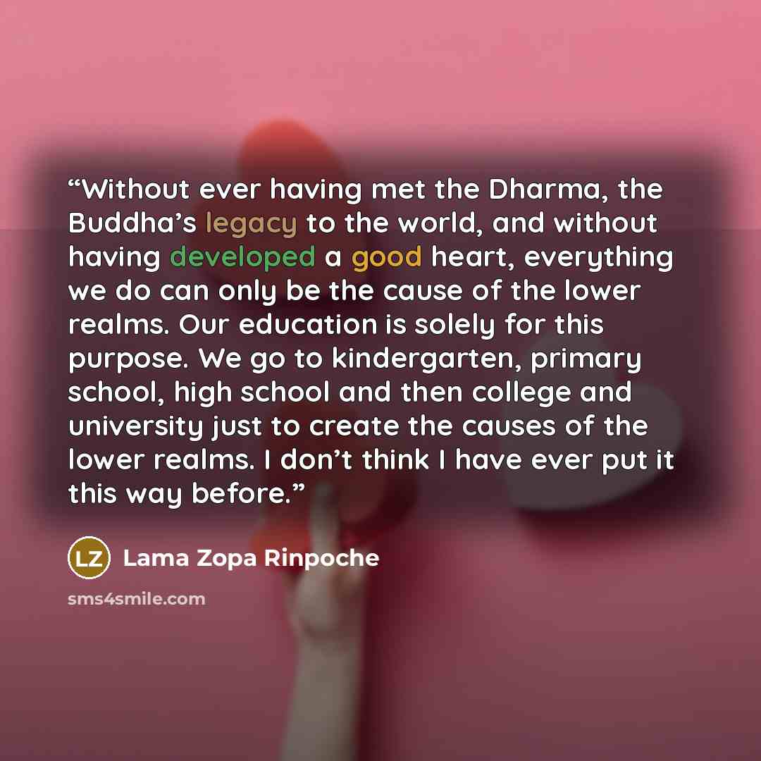 “Without ever having met the Dharma, the Buddha’s legacy to the world, and without having developed a good heart, everything we do can only be the cause of the lower realms. Our education is solely for this purpose. We go to kindergarten, primary school, high school and then college and university…” quote by Lama Zopa Rinpoche