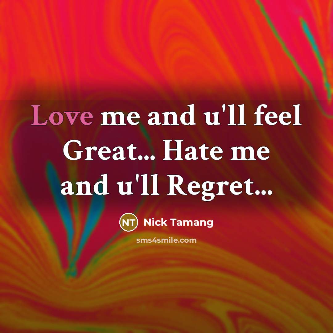 “Love me and u'll feel Great... Hate me and u'll Regret...” quote by Nick Tamang