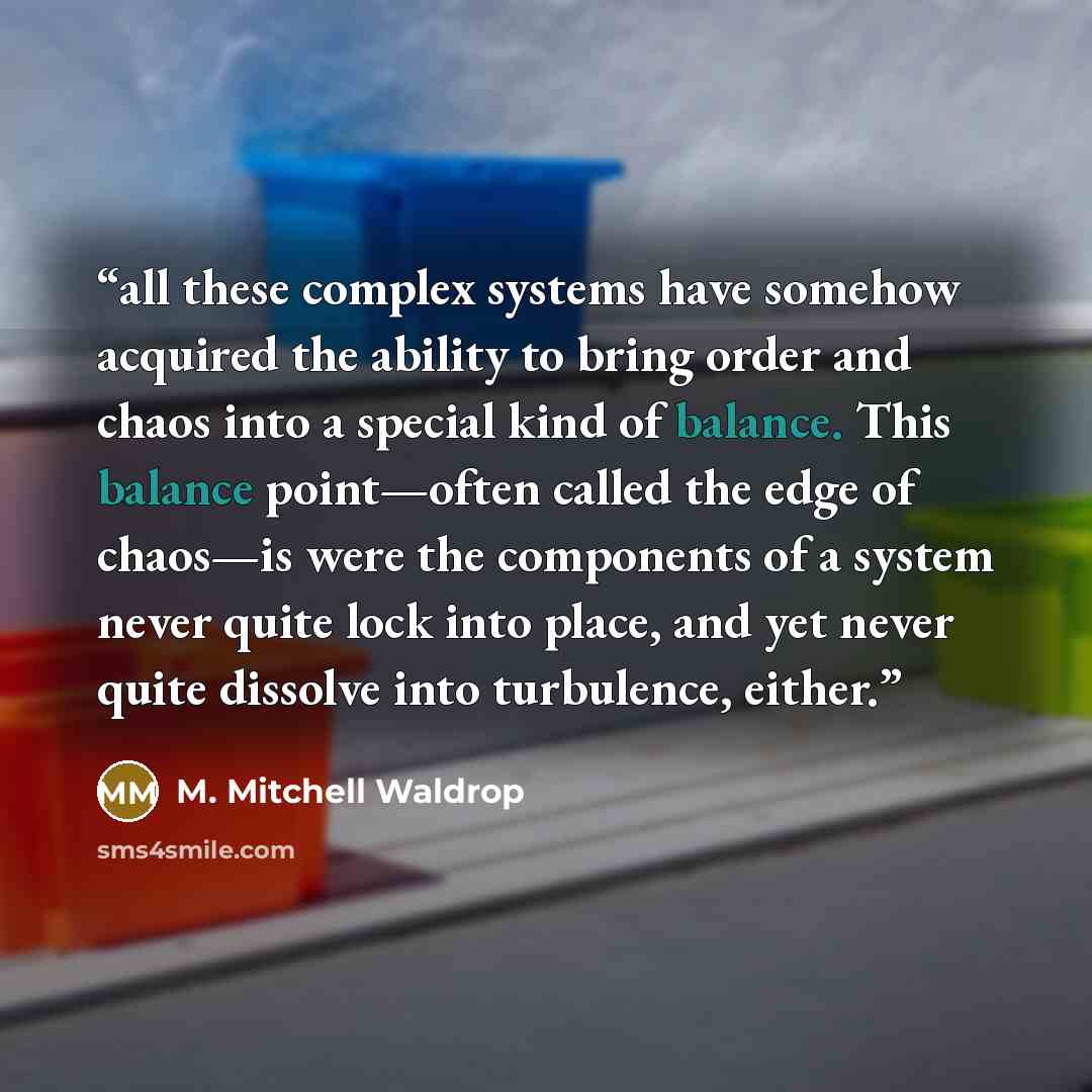 “all these complex systems have somehow acquired the ability to bring order and chaos into a special kind of balance. This balance point—often called the edge of chaos—is were the components of a system never quite lock into place, and yet never quite dissolve into turbulence, either.” quote by M. Mitchell Waldrop