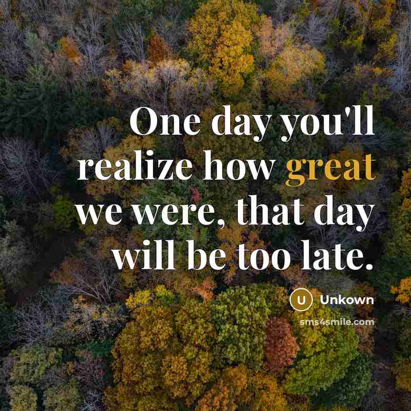 “One day you'll realize how great we were, that day will be too late.” quote by Unkown