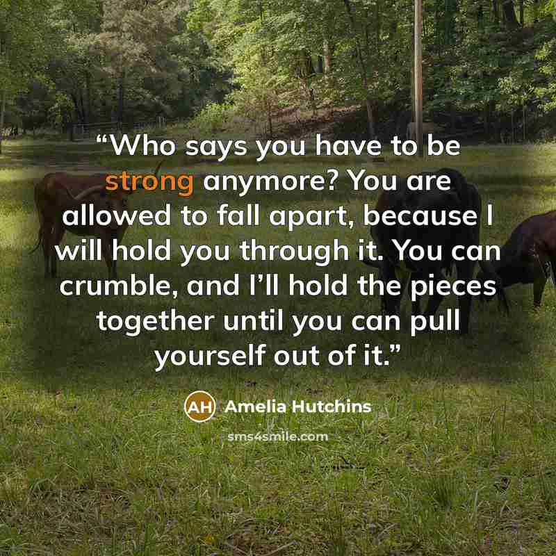 “Who says you have to be strong anymore? You are allowed to fall apart, because I will hold you through it. You can crumble, and I’ll hold the pieces together until you can pull yourself out of it.” quote by Amelia Hutchins