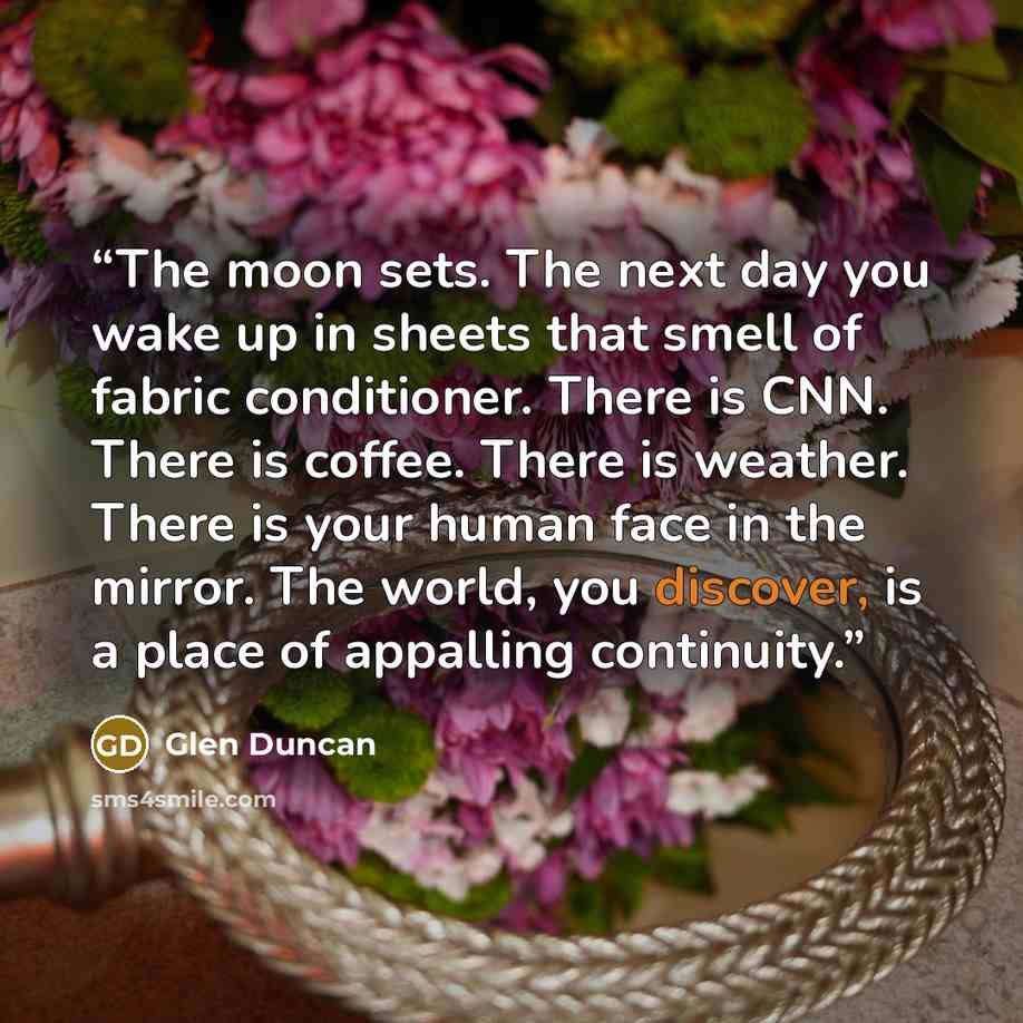 “The moon sets. The next day you wake up in sheets that smell of fabric conditioner. There is CNN. There is coffee. There is weather. There is your human face in the mirror. The world, you discover, is a place of appalling continuity.” quote by Glen Duncan