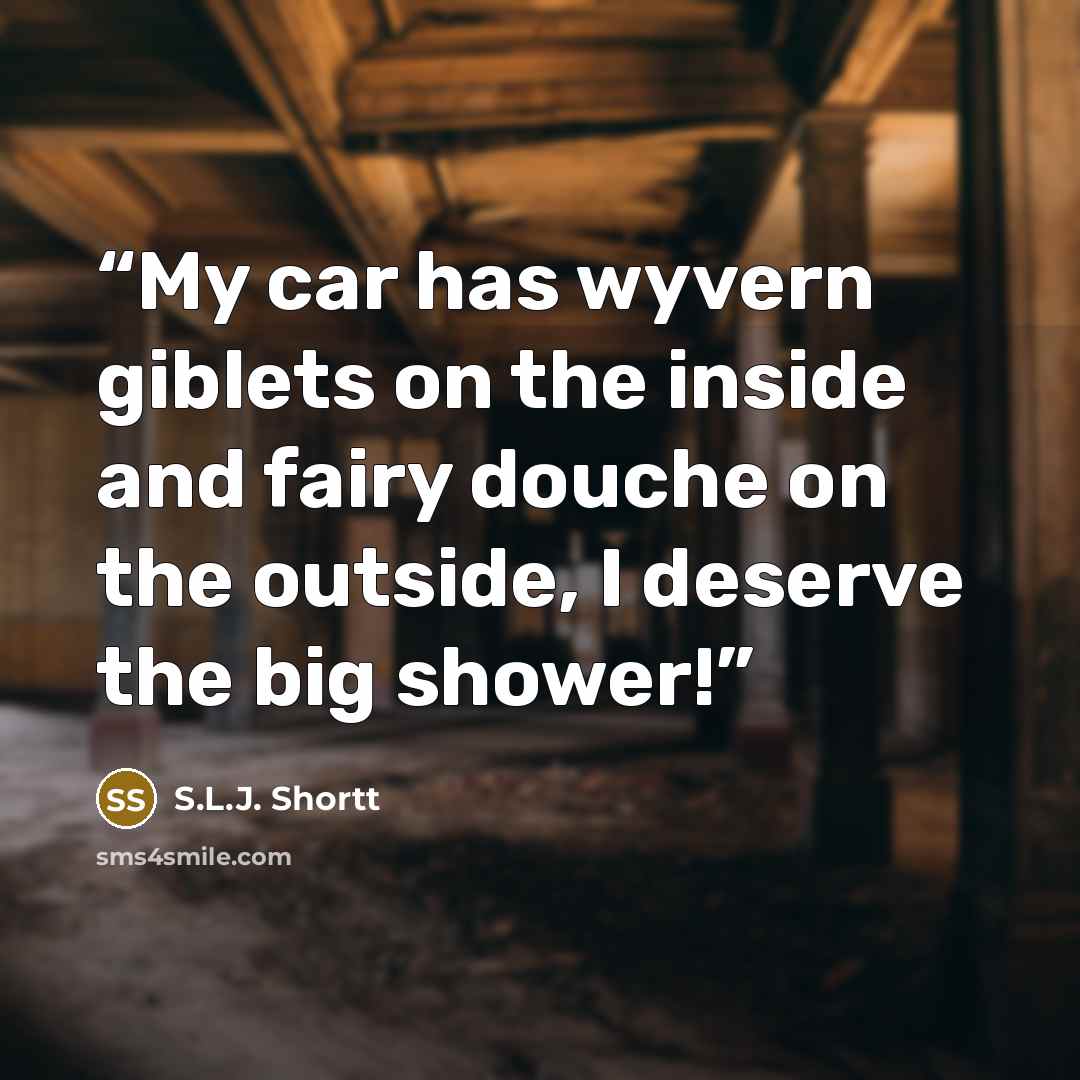 “My car has wyvern giblets on the inside and fairy douche on the outside, I deserve the big shower!” quote by S.L.J. Shortt