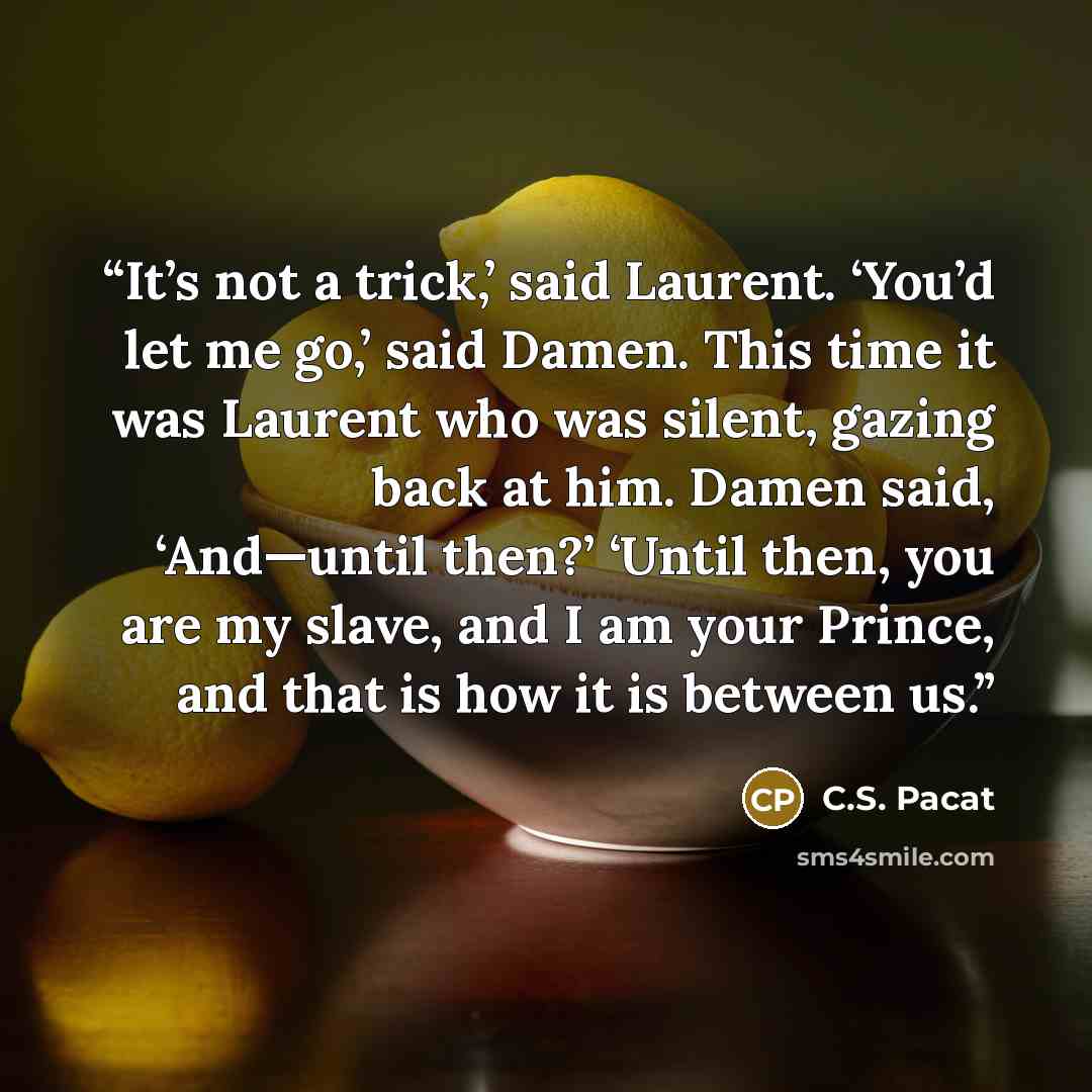 “It’s not a trick,’ said Laurent. ‘You’d let me go,’ said Damen. This time it was Laurent who was silent, gazing back at him. Damen said, ‘And—until then?’ ‘Until then, you are my slave, and I am your Prince, and that is how it is between us.” quote by C.S. Pacat