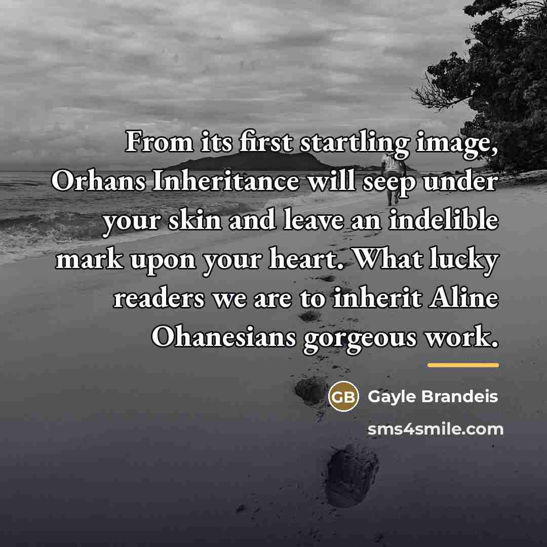 “From its first startling image, Orhans Inheritance will seep under…” quote by Gayle Brandeis