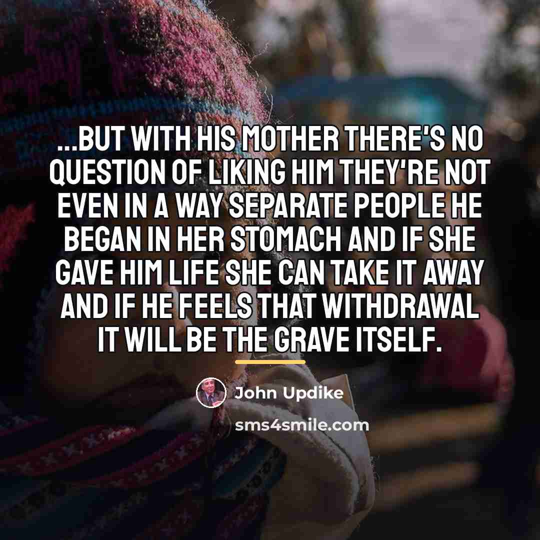 “...but with his mother there's no question of liking him…” quote by John Updike