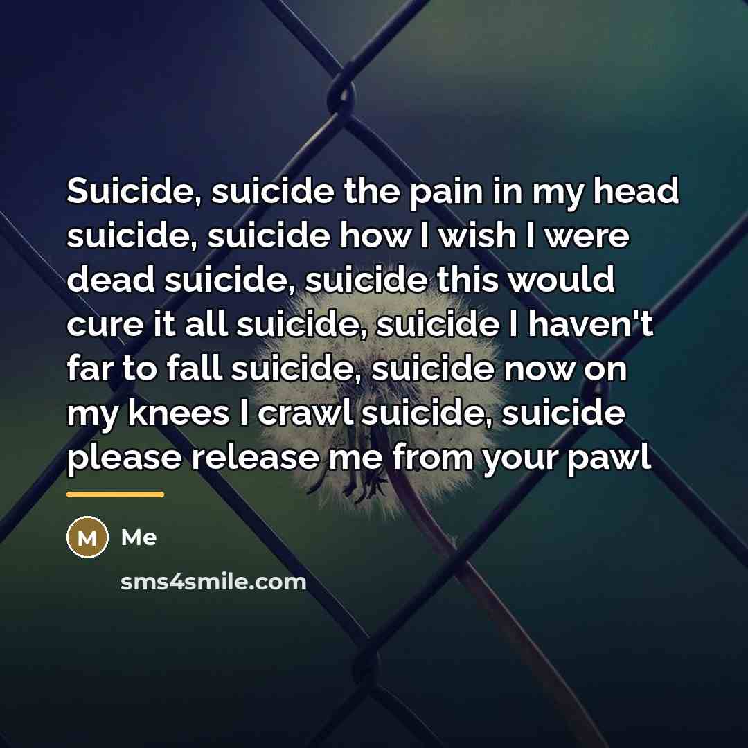 “Suicide, suicide the pain in my head suicide, suicide how…” quote by Me